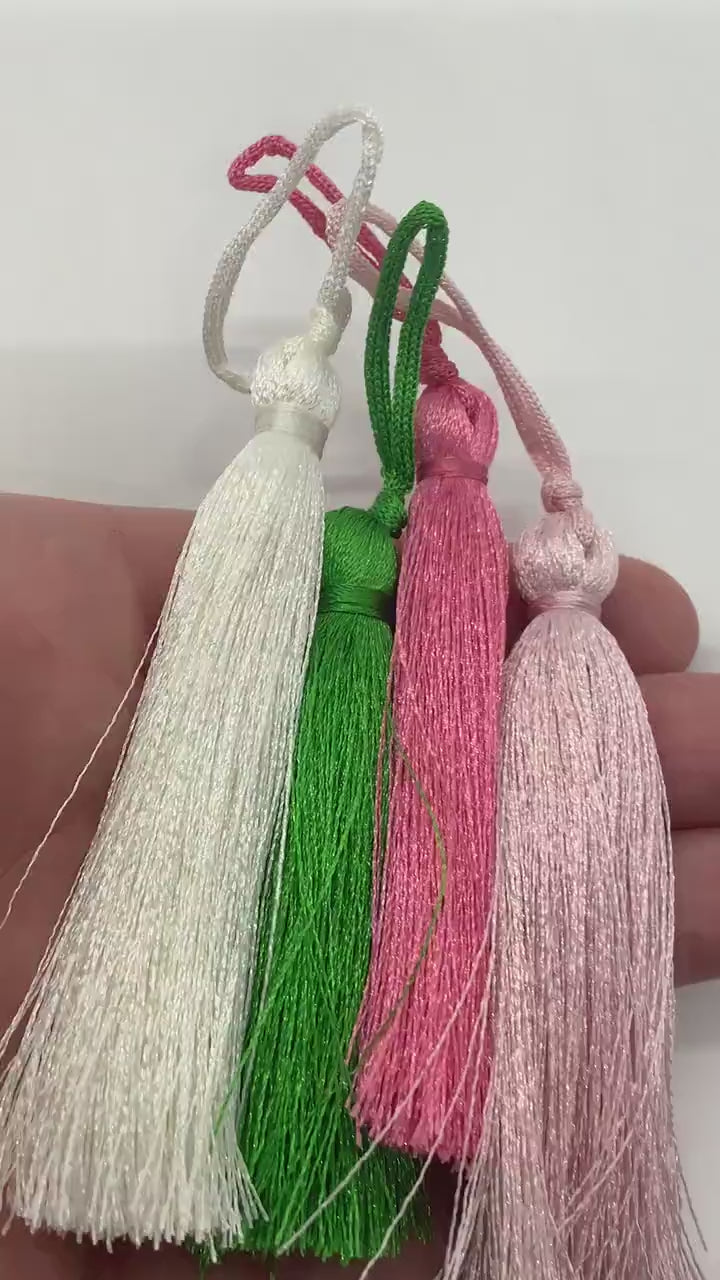 2 Pcs. Medium Silky Tassels, 8cm or 3 Inches, Light Cream, Apple Green, Petal Peach, Powder Pink