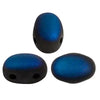 Three blue and black oval 2-hole beads on a white background