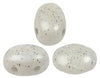 Three speckled white 2-hole beads on a white background