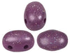 Three purple speckled 2-hole beads on a white background