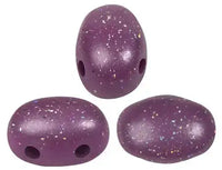 Three purple speckled 2-hole beads on a white background