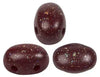 Three dark brown 2-hole beads with speckles on a white background