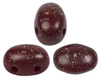 Three dark brown 2-hole beads with speckles on a white background