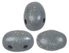 Three gray speckled 2-hole beads on a white background