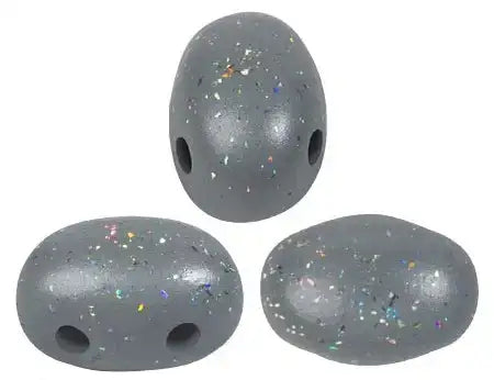 Three gray speckled 2-hole beads on a white background