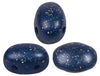 Three blue speckled 2-hobe beads on a white background