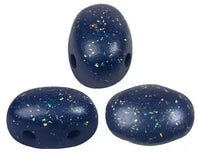 Three blue speckled 2-hobe beads on a white background