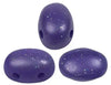 Three purple speckled 2-hole beads on a white background