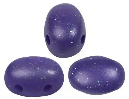 Three purple speckled 2-hole beads on a white background