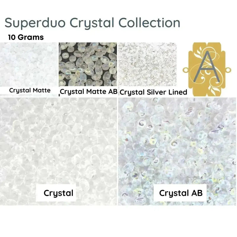 Superduo Beads, Crystal Collection, in matte, matte  AB, Silver Lined, Crystal or Crystal AB colors. All five colors are shown here.  - The Argus Collection