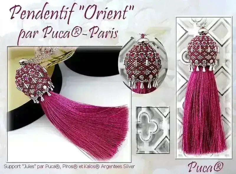 Pink tassel pendant with silver accents and 'Puca Paris' branding on a white background.
