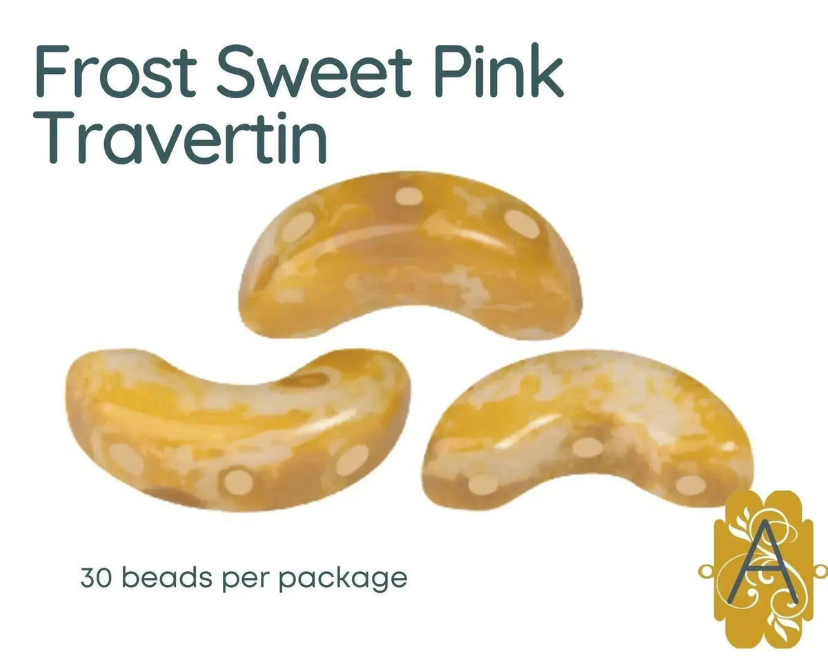 Arcos par Puca, a 3-hole bead that comes in 30 beads per package.  Frost Sweet Pink Travertin color - The Argus Collection