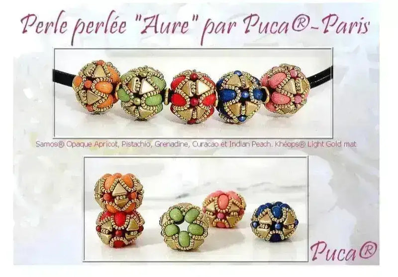Colorful beads with decorative patterns on a white background, featuring the brand 'Puca'.