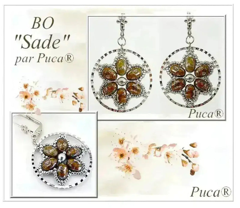 Jewelry set with floral designs and 'Puca' branding on a light background