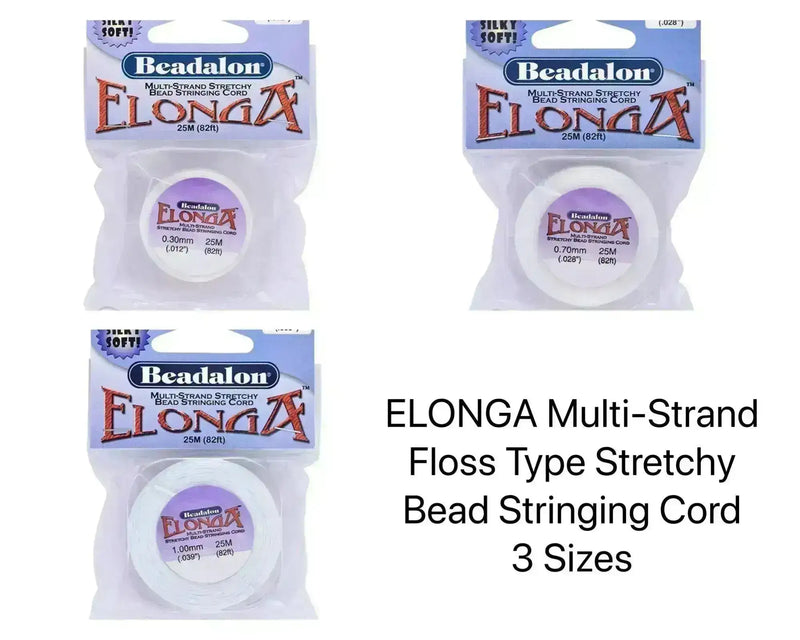 Three packages of Beadalon Elonga multi-strand floss on a white background