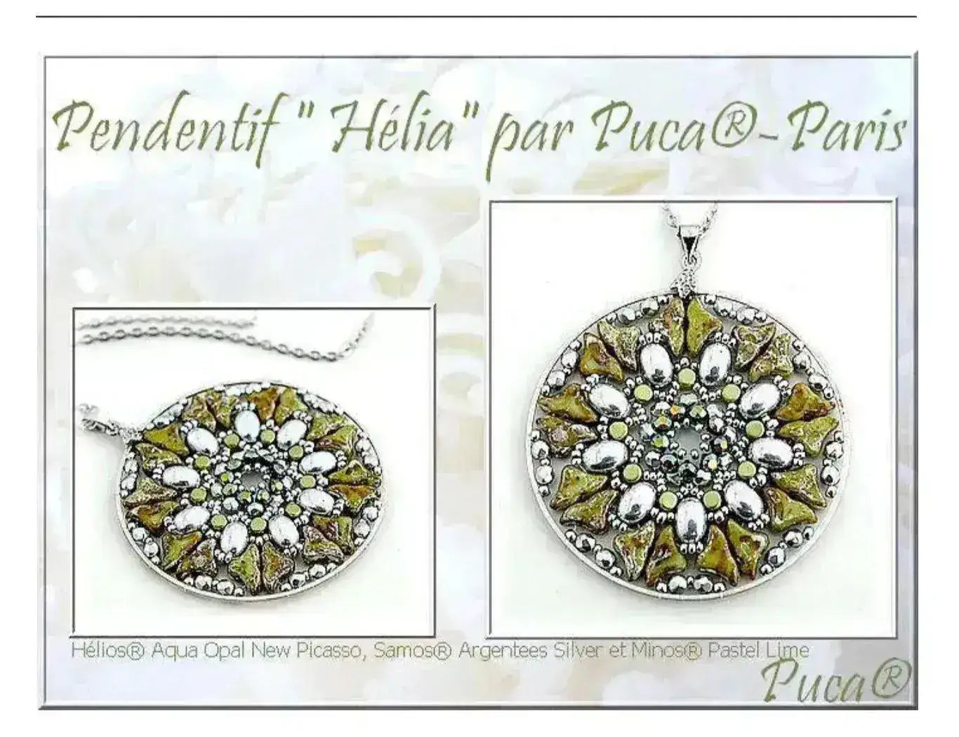 Jewelry pendant with green and silver design on a white card, featuring the brand 'Puca'.