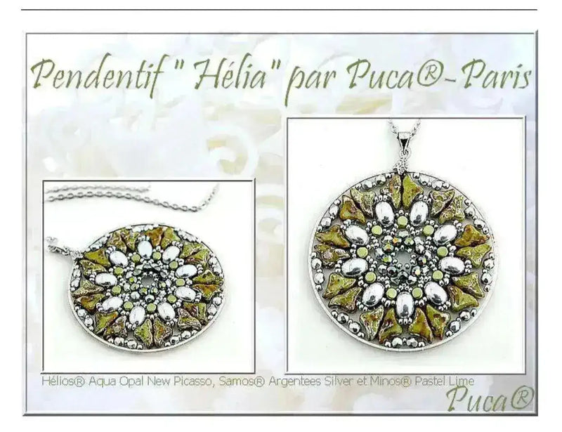 Jewelry pendant with green and silver design on a white card, featuring the brand 'Puca'.
