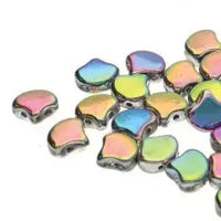 Full Vitrail Ginko Beads by Matubo, iridescent two-hole Czech glass beads with rainbow shades of teal, pink, purple and green, 10g