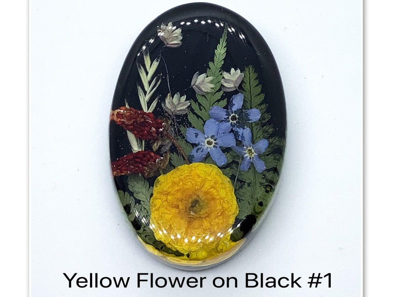 Yellow Flower on Black Resin Cabochons, Handmade with Dried Flowers - The Argus Collection