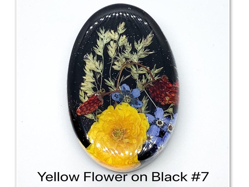 Yellow Flower on Black Resin Cabochons, Handmade with Dried Flowers - The Argus Collection