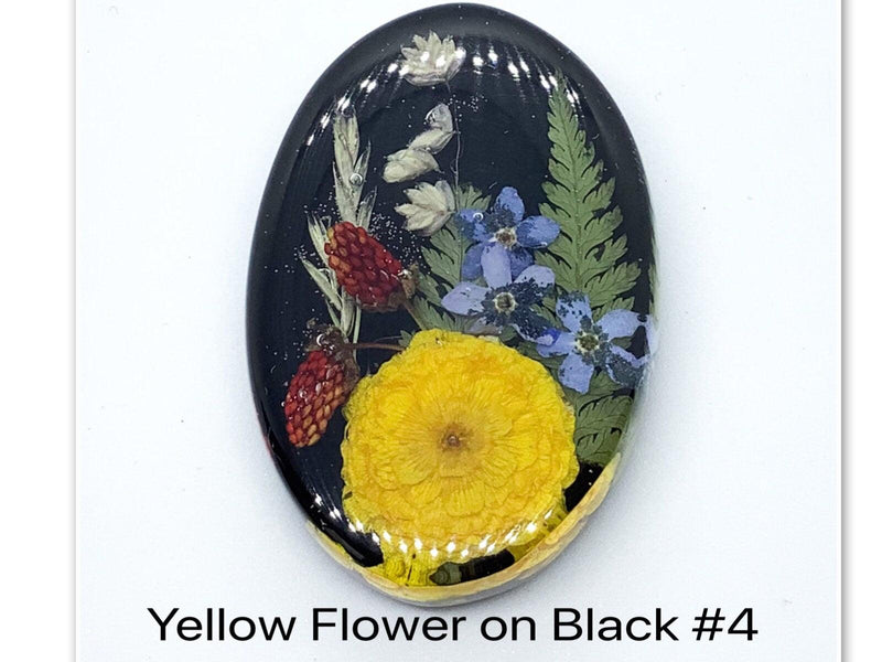 Yellow Flower on Black Resin Cabochons, Handmade with Dried Flowers - The Argus Collection