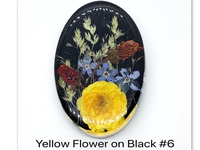 Yellow Flower on Black Resin Cabochons, Handmade with Dried Flowers - The Argus Collection