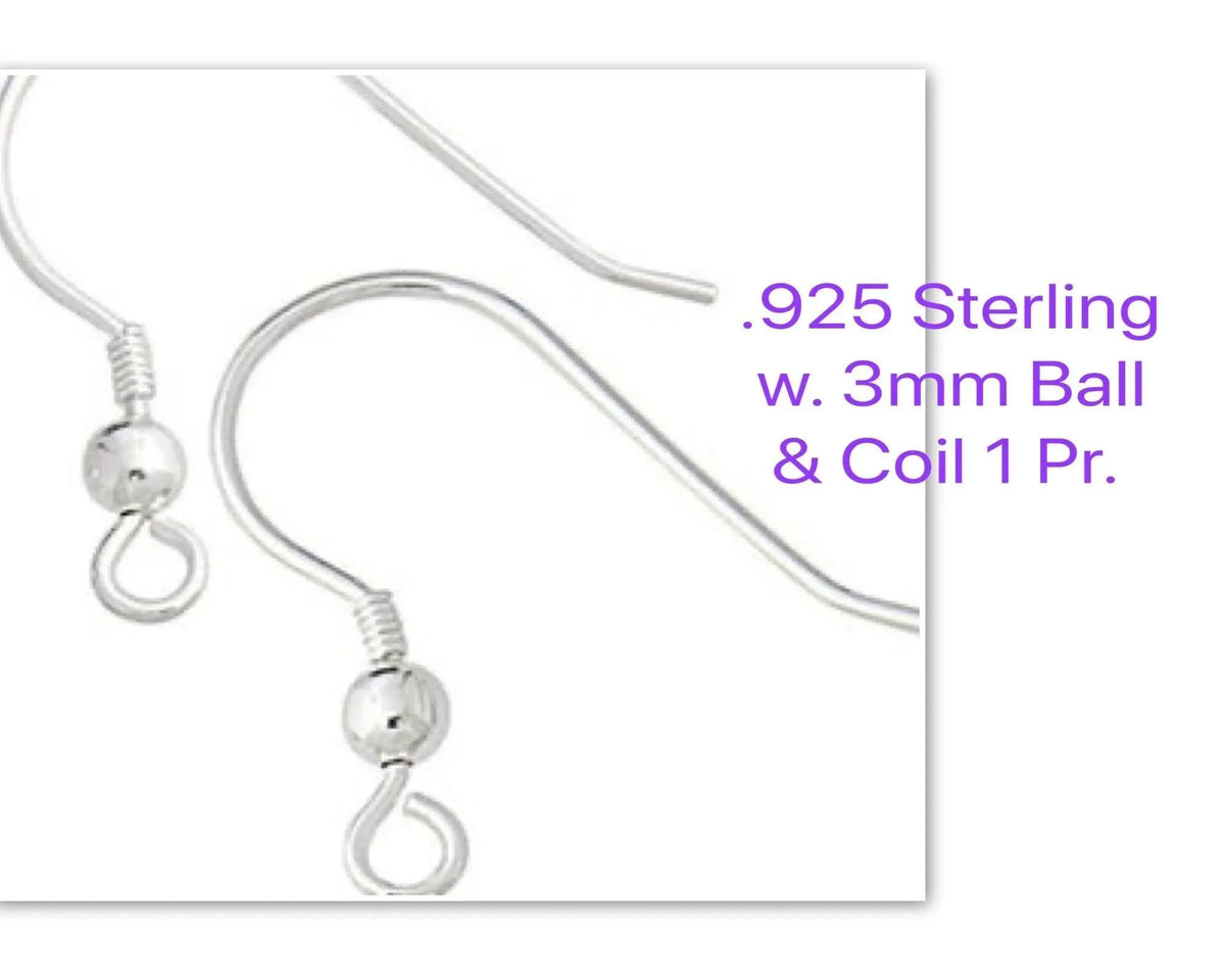 Sterling Silver Earring Wires, with 3mm Ball or Ball & Coil, 1 Pair - The Argus Collection