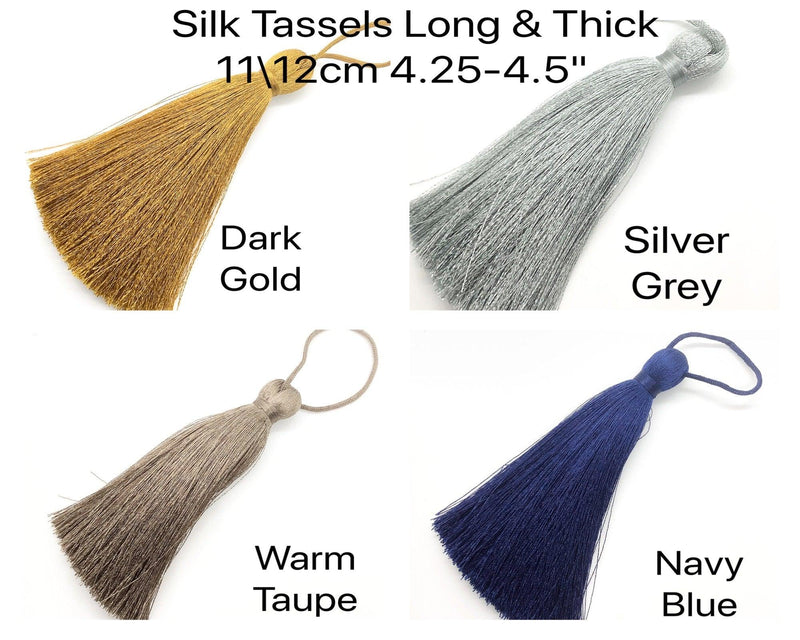 Luscious #5 Silk Tassels Long & Thick 11-12cm (4.25-4.5") for Jewelry, Decor or Drapery - Dark Gold, Silver Grey, Navy, Warm Taupe - ArgusCollection