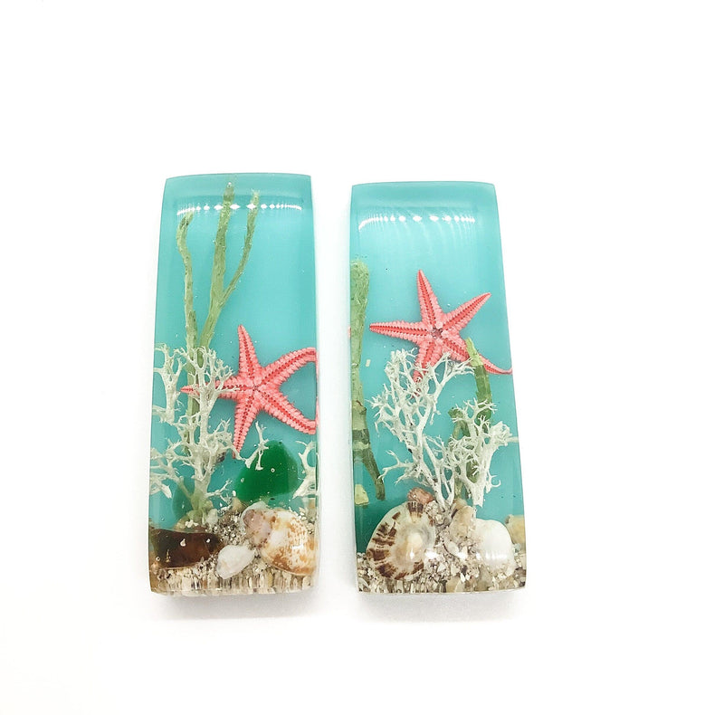 Seaside Rectangular Resin Cabochons, Handmade with Dried Flowers & Beach Combed Starfish - The Argus Collection