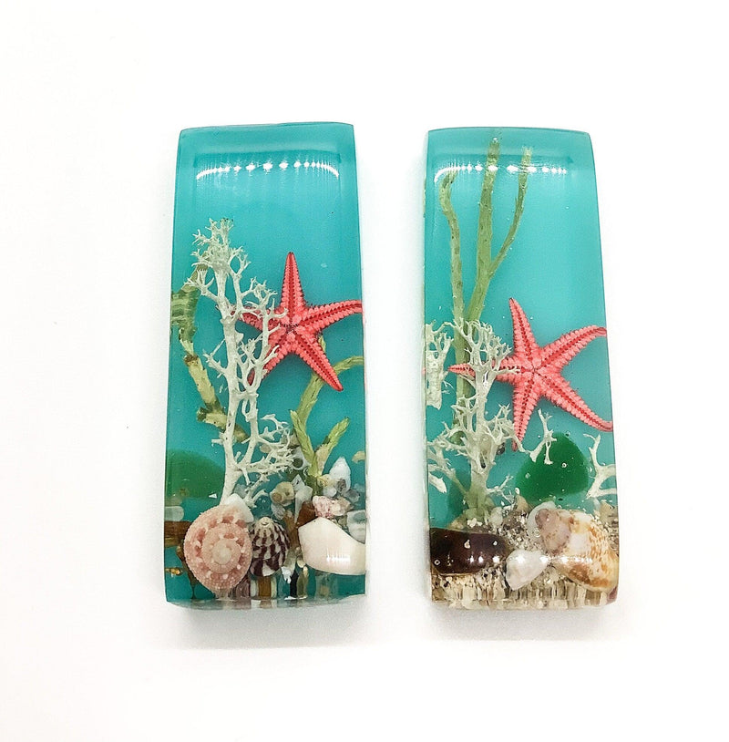 Seaside Rectangular Resin Cabochons, Handmade with Dried Flowers & Beach Combed Starfish - The Argus Collection