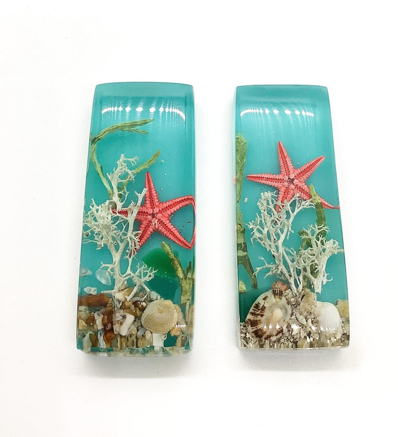 Seaside Rectangular Resin Cabochons, Handmade with Dried Flowers & Beach Combed Starfish - The Argus Collection