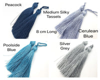 2 Pcs. Medium Silky Tassels #2, 8 cm\3.2" long, Cerulean Blue, Poolside Blue, Peacock, Silver Grey - ArgusCollection