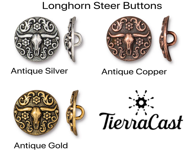 Longhorn Steer Buttons, TierraCast, 2 Pcs. 4 Finishes - The Argus Collection