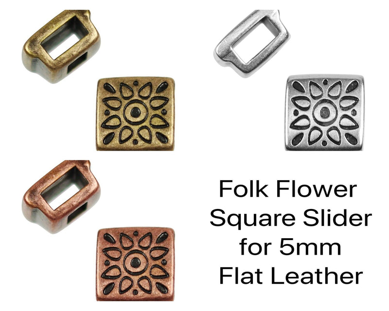 Folk Flower Flat Leather Sliders, 5mm, in 3 Finishes - The Argus Collection