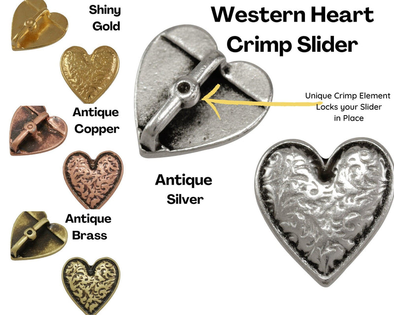 Western Heart, 10mm Flat Leather Crimp Slider, Secure Hold - The Argus Collection