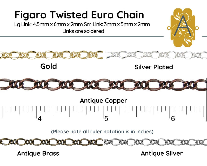 Twisted Figaro Euro Chain, Sold in 1-ft. Increments, Antique Brass, Antique Copper, Antique Silver, Gold, Silver Plated - The Argus Collection