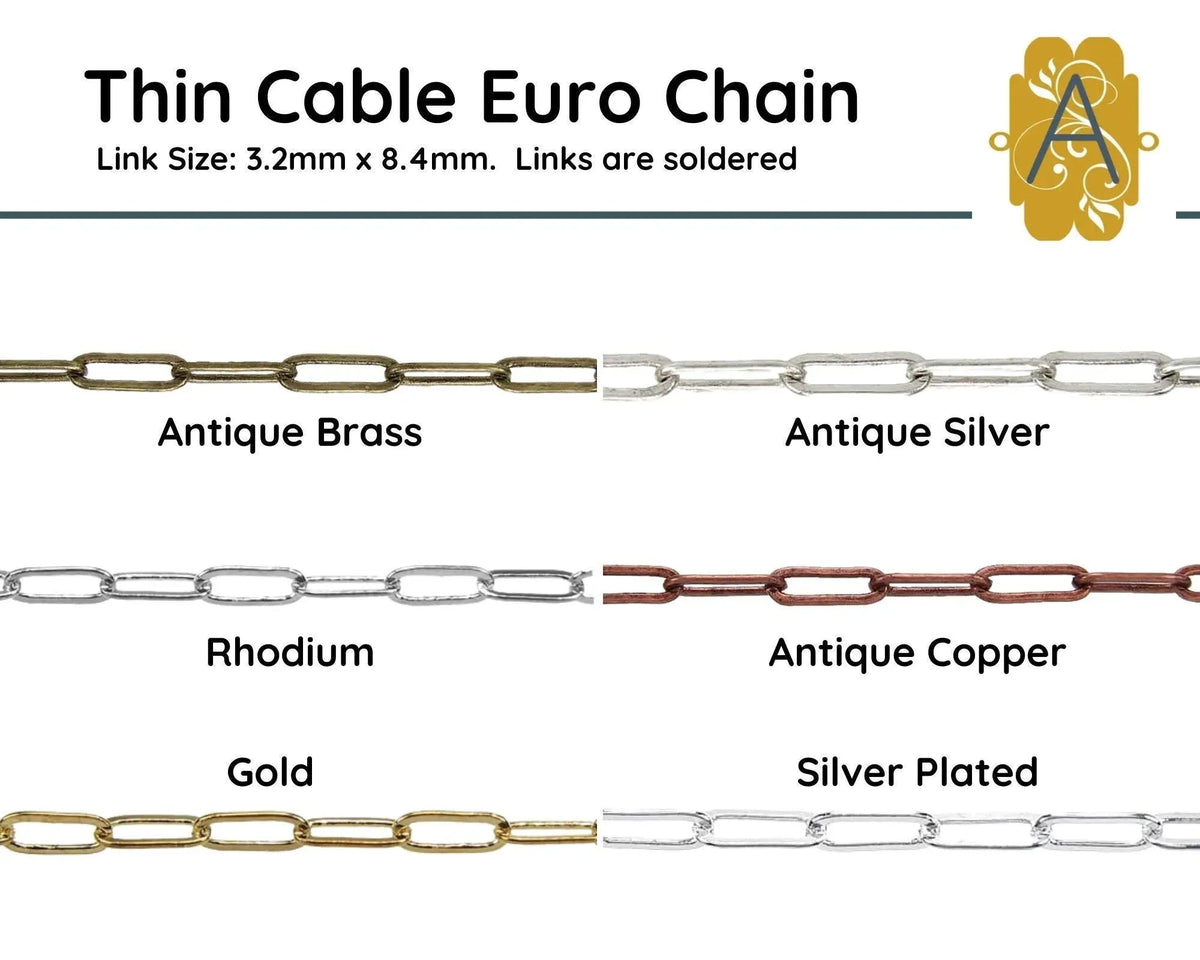 Thin Cable Euro Chain, 3.2x8.4mm, Sold in 1ft. units, Antique Brass, Antique Copper, Antique Silver, Gold, Rhodium, Silver Plated, European - The Argus Collection