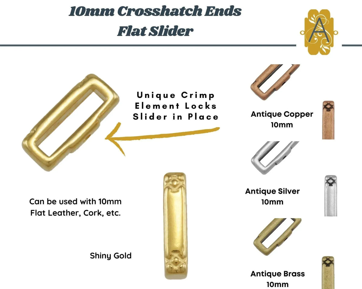 Cross Hatch Crimp Sliders for Leather or Cork, 10mm, in 4 Finishes - The Argus Collection