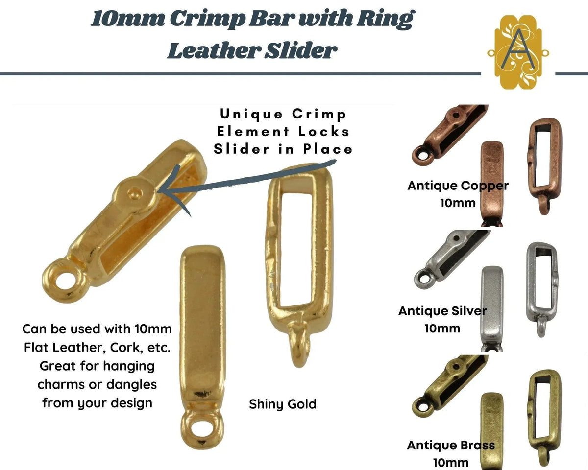 Crimp Bar Sliders with Ring for Leather or Cork, 10mm, in 4 Finishes - The Argus Collection