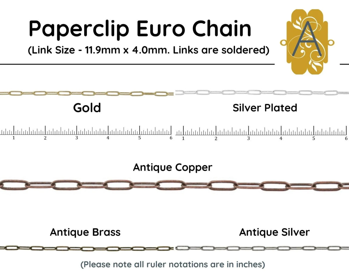 Paperclip Euro Chain, Antique Brass, Antique Copper, Antique Silver, Gold Plate, Silver Plate - The Argus Collection