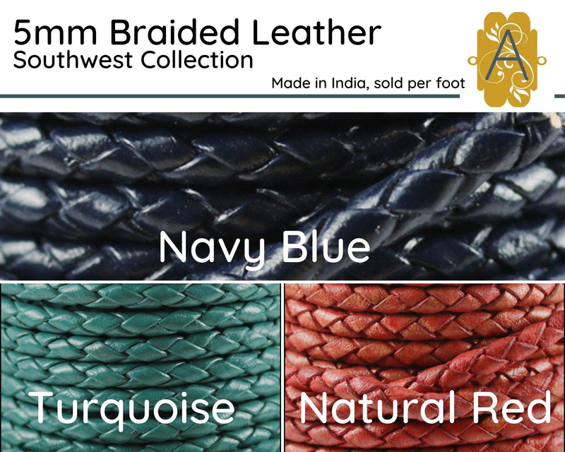 Superior Round Braided Leather, 5mm, Sold per foot, 11 Colors - The Argus Collection