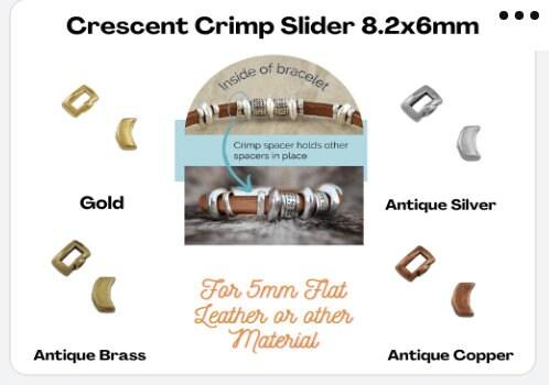 Smooth Crescent Crimp Sliders for Leather or Cork, 5mm or 10mm, in 4 Finishes - The Argus Collection