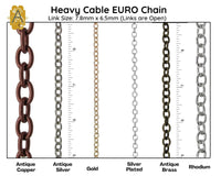 Heavy Cable EURO Chain, Small, Antique Brass, Antique Copper, Antique Silver, Gold, Silver Plated, Rhodium - The Argus Collection