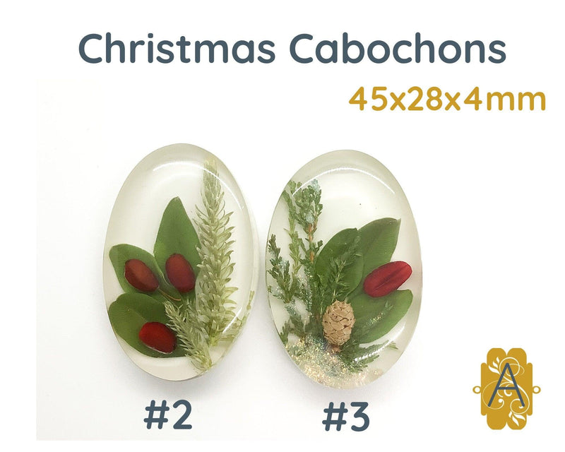 Christmas Cabochons, 45x28mm, Handmade with Real Dried Flowers - The Argus Collection