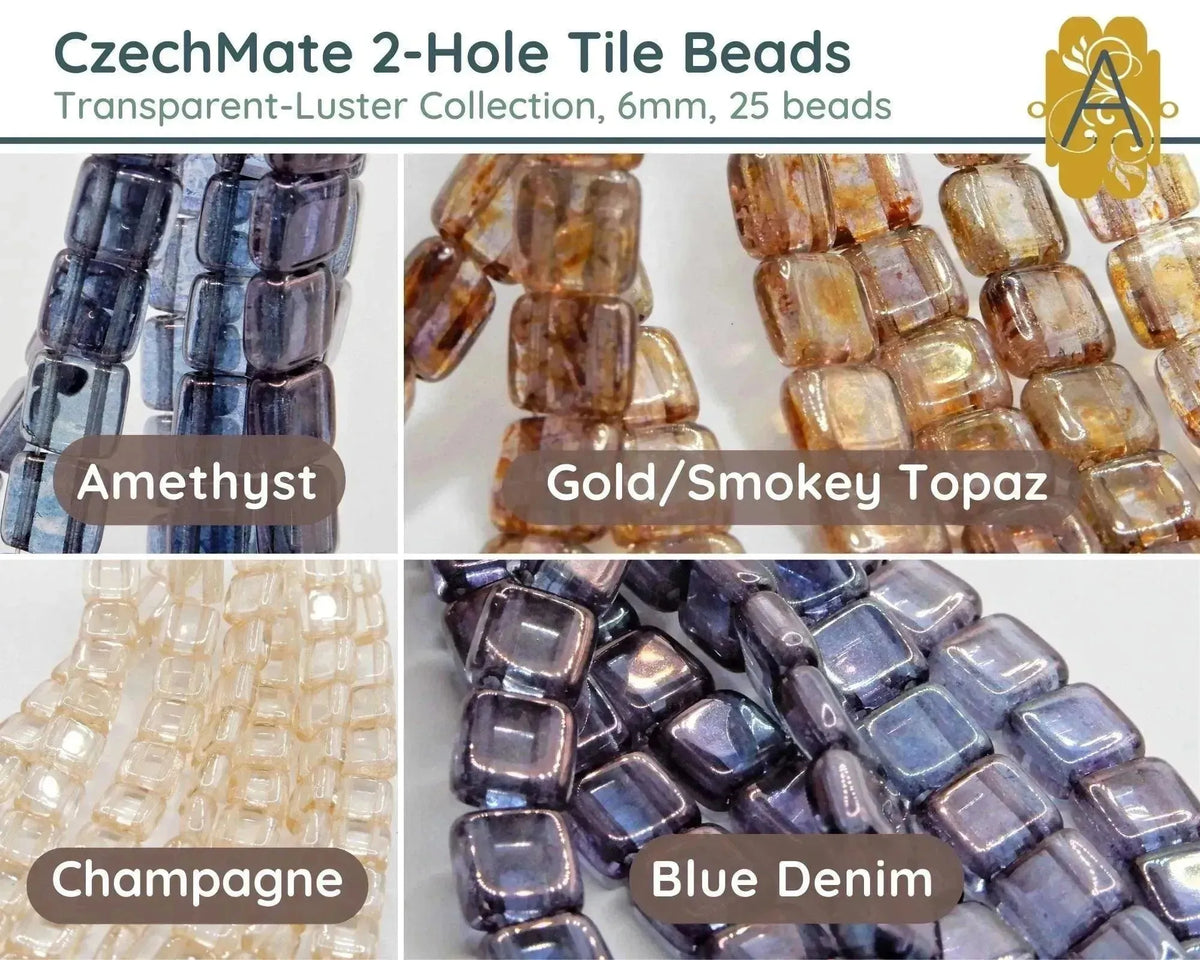 CzechMate 2-Hole Tile Beads, 6mm, Transparent-Luster Collection, 4 Fabulous Colors, 25 Beads - The Argus Collection