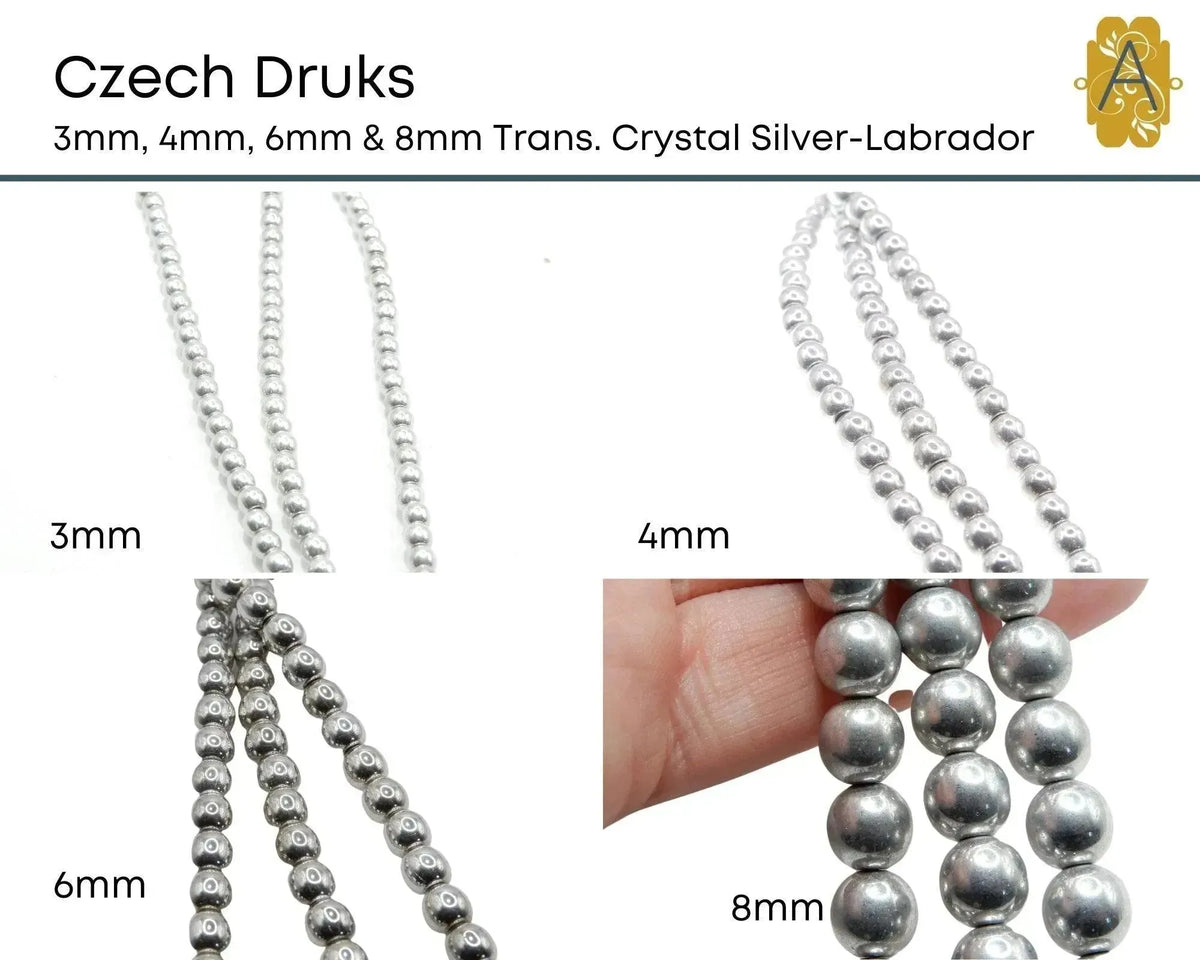 Czech Druks, 3mm, 4mm, 6mm, 8mm, Transparent Crystal Silver-Labrador - The Argus Collection