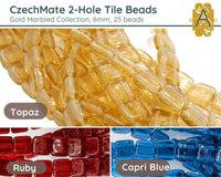 CzechMate 2-Hole Tile Beads, 6mm, A Touch of Gold Collection - The Argus Collection