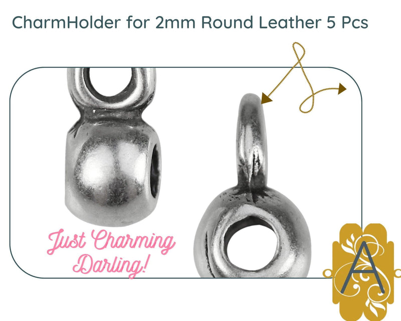 Charm Holder for 2mm Round Leather or Cord in Antique Silver - The Argus Collection