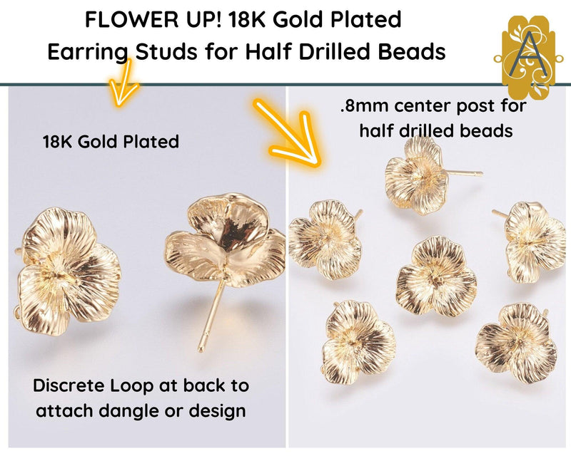 FLOWER UP! Fancy 18K Gold Plated Earring Studs, 1 Pair, for Half Drilled Beads, with Rear Loop - The Argus Collection