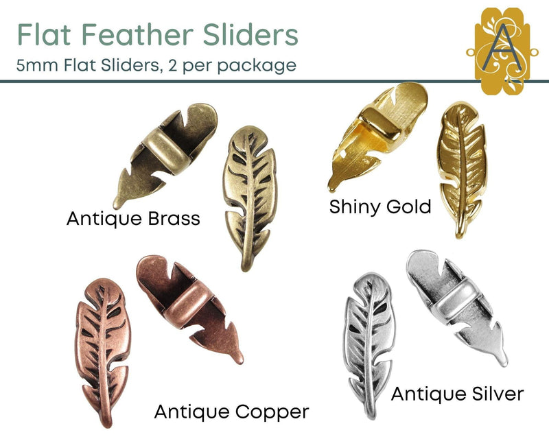 Feather Sliders for Leather or Cork, 5mm, in 4 Finishes - The Argus Collection